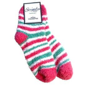 Snugadoo Too Super Soft Fuzzy Cozy Socks Pink Green Striped Women's One Size NWT